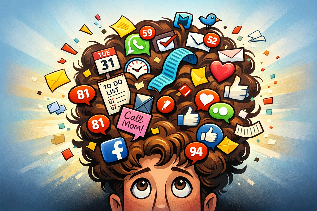 A vibrant cartoon-style illustration of an overwhelmed person with chaotic digital notifications, icons, and reminders bursting from their mind.