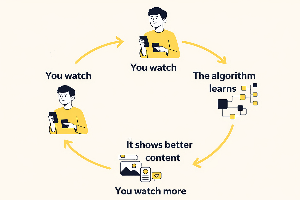 You watch → the algorithm learns → it shows better content → you watch more.